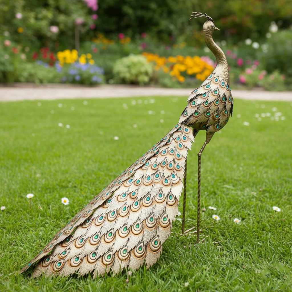 Golden Peacock Metal Statue with Emerald