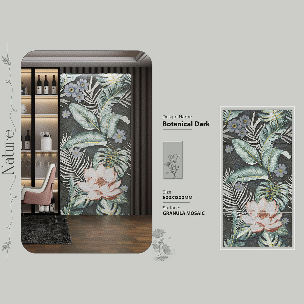 Botanical dark Granula Mosaic Tile
