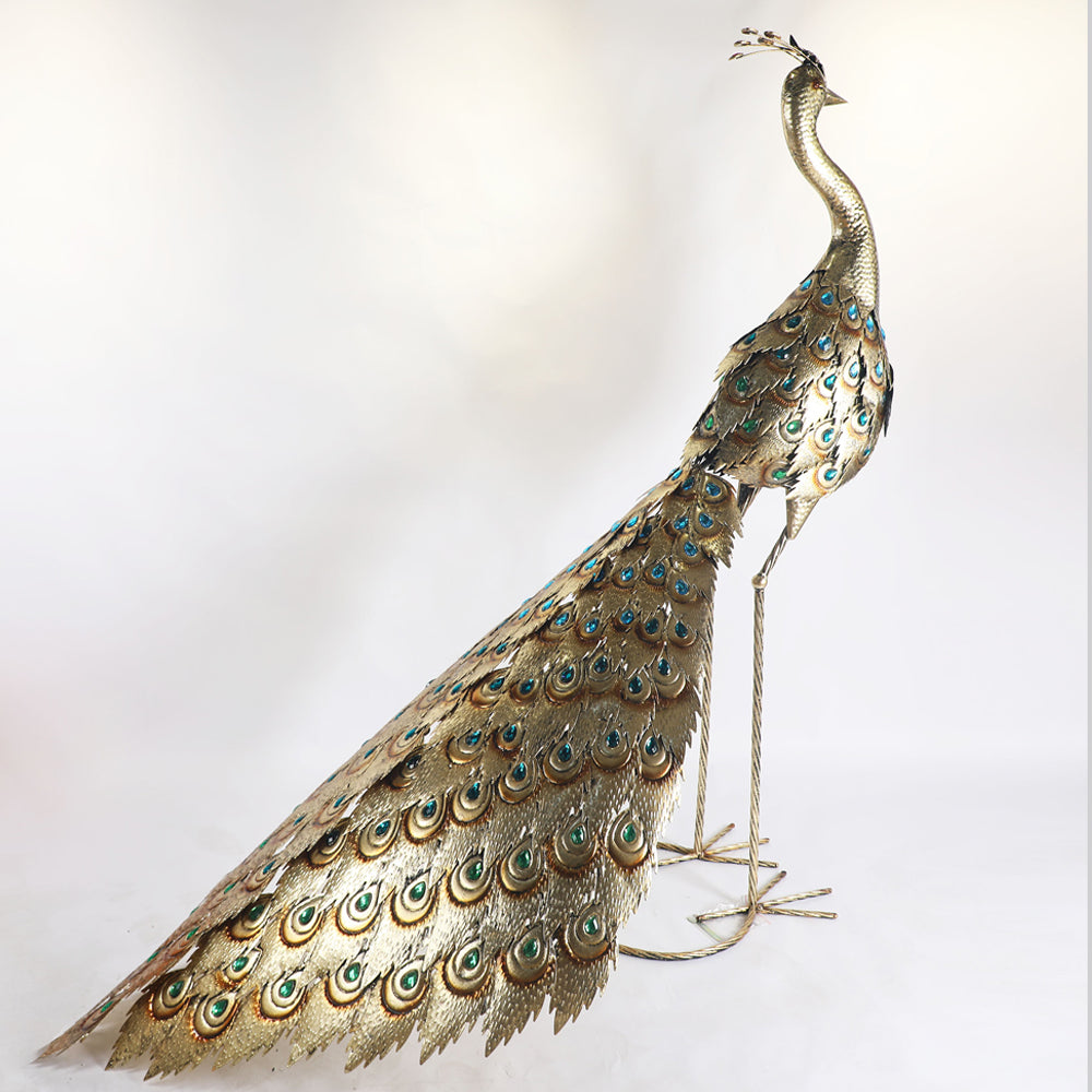 Golden Peacock Metal Statue with Emerald
